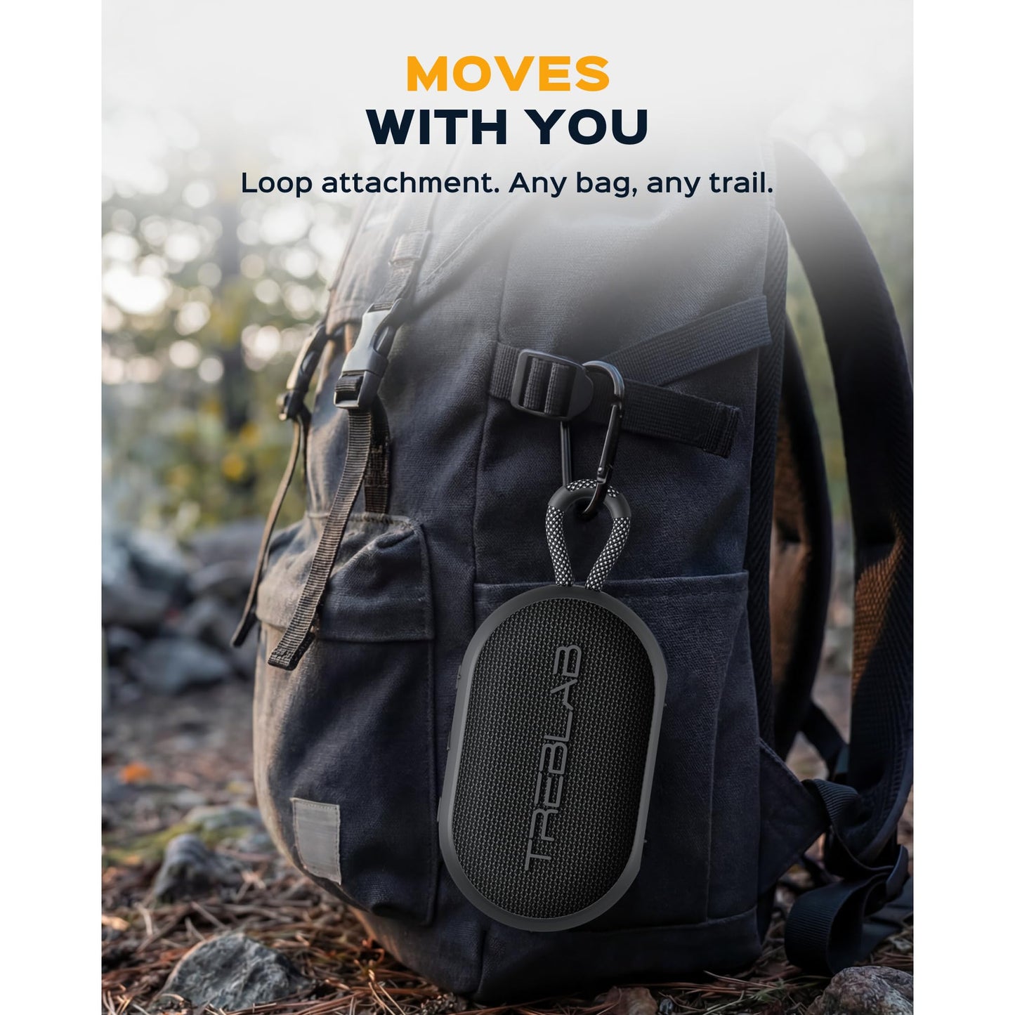 TREBLAB HD-Go - Ultra Portable Hand Held Speaker with Clip, 7W Power with Bass, 16H Playtime, IPX7 Waterproof, Built-in Mic, Compact & Lightweight