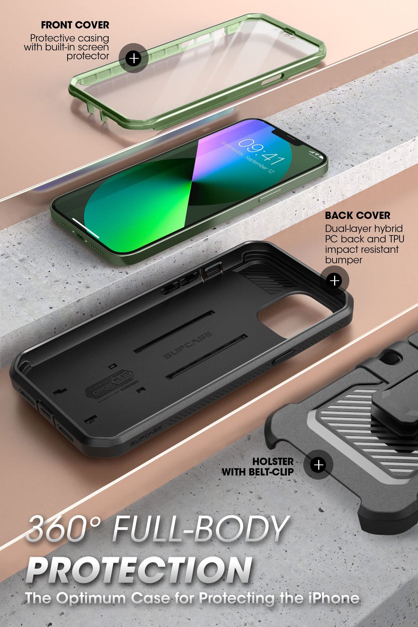 SUPCASE for iPhone 13 Case with Stand & Belt-Clip (Unicorn Beetle Pro), [Built-in Screen Protector] [Military-Grade Drop Protection] Heavy Duty Rugged
