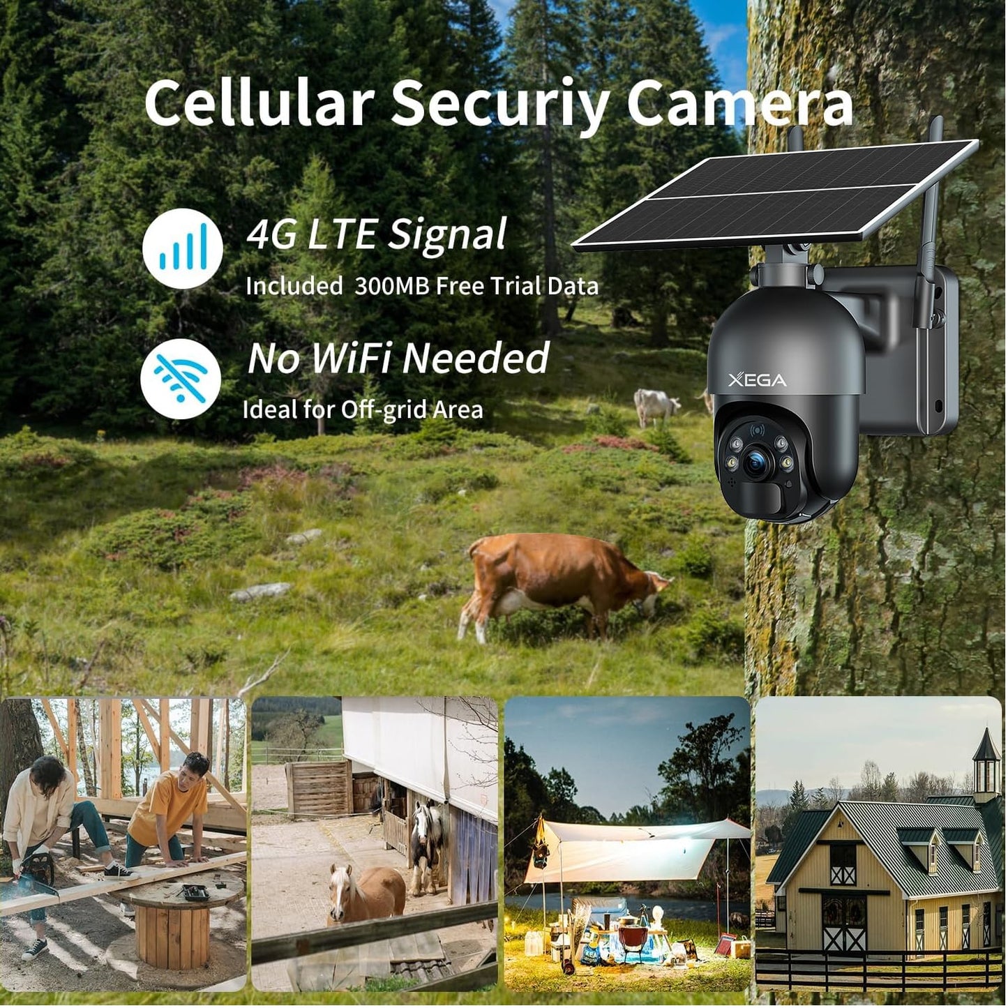 Xega 4G LTE Cellular Security Camera Outdoor Solar Camera Wireless Built-in SIM Card, 2K HD Color Night Vision PTZ 360° View, Smart PIR Motion