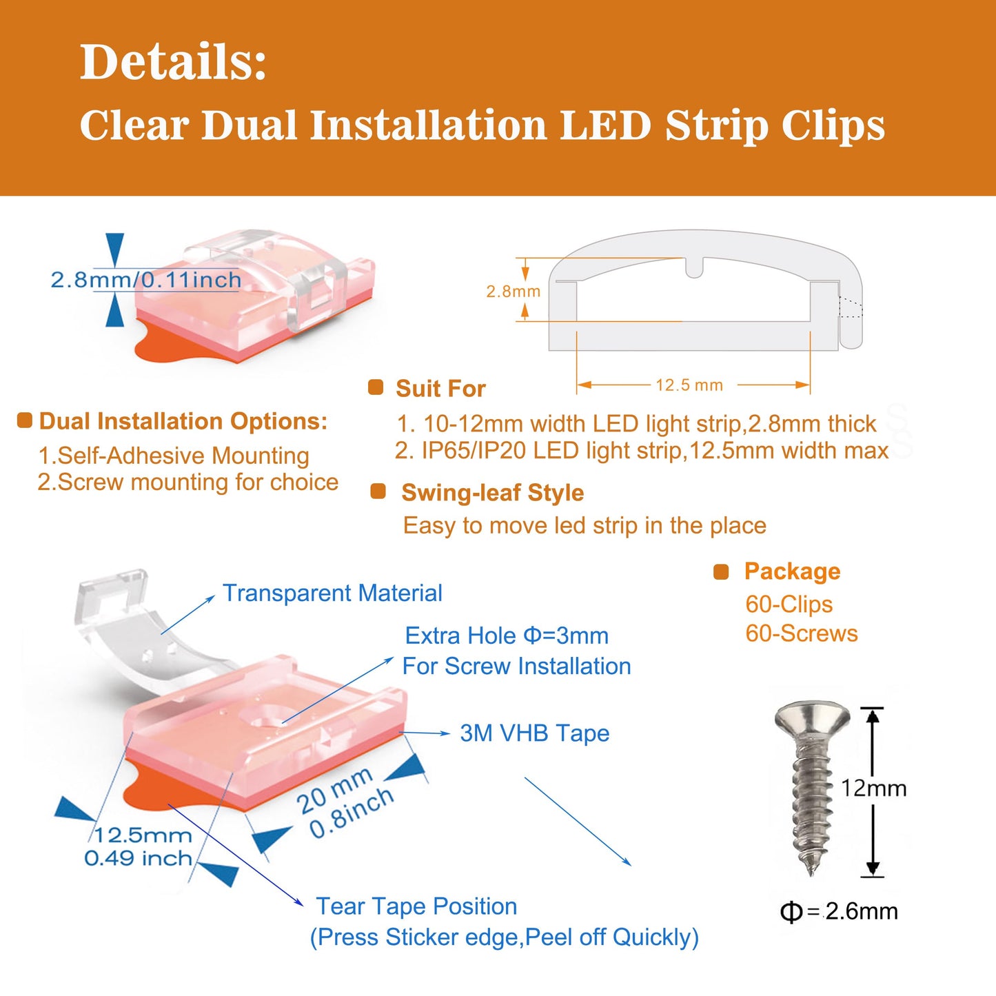 wiigd Dual-Mount LED Strip Light Clips - Self-Adhesive & Screw Fixing Brackets Indoor LED Strips Holder for 10-12mm(0.39-0.49inch)
