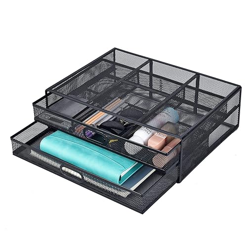 Monitor Stand Riser with Drawer - Metal Mesh Desk Organizer with Dual Pull Out Storage Drawer, Printer Holder with Pull Out Storage Drawe