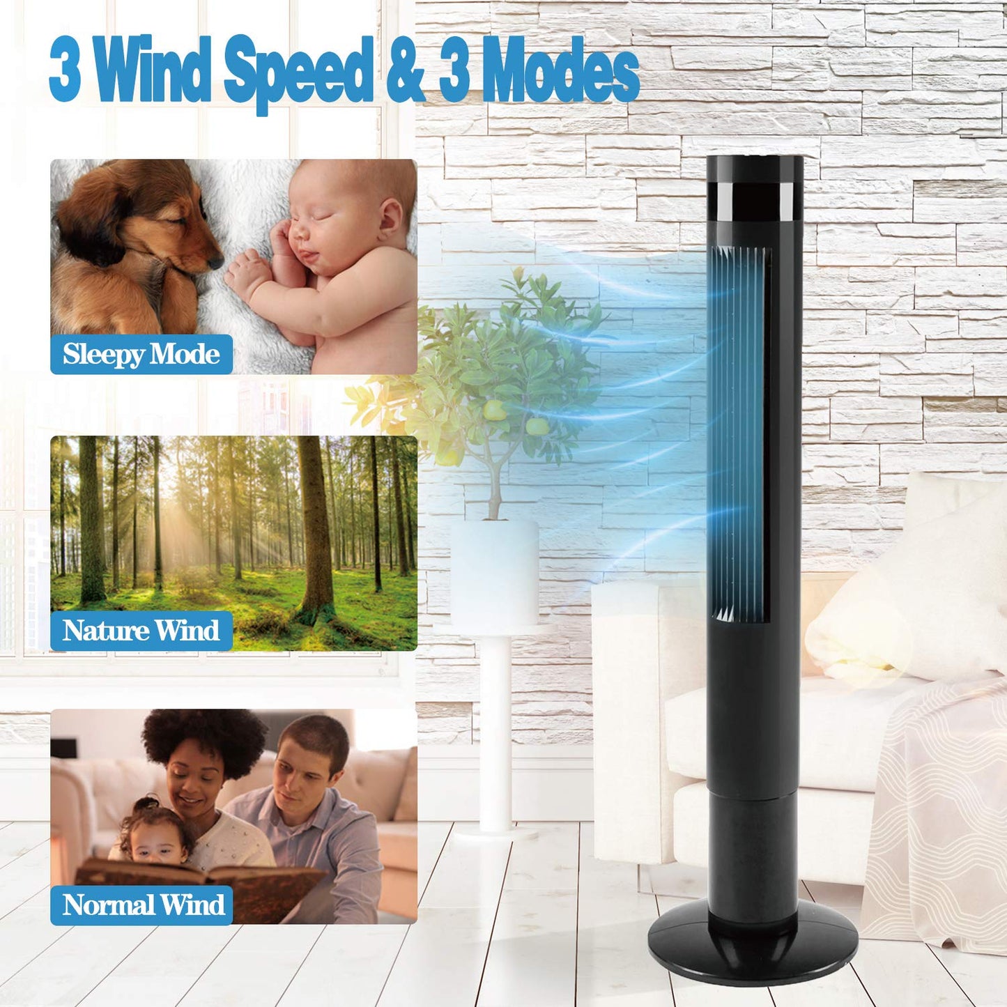 RMYHOME 43” Tower Fan with Oscillation, Remote Control and LED Display, 3 Powerful Wind Modes, Up to 12 H Timer Bladeless Standing Fan, Portable Fan