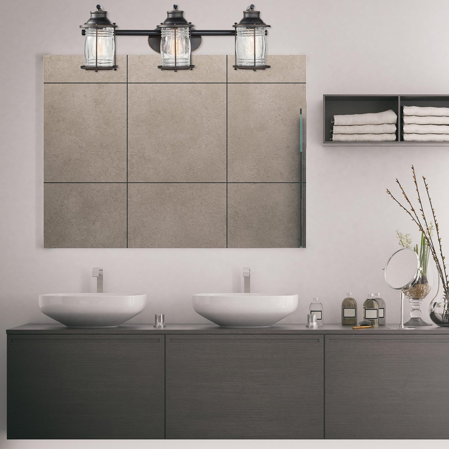 Globe Electric 51549 5-Piece All-in-One Bathroom Set, Oil Rubbed Bronze, 3-Light Vanity Wall Light with Ribbed Seeded Glass Shades, Towel Bar