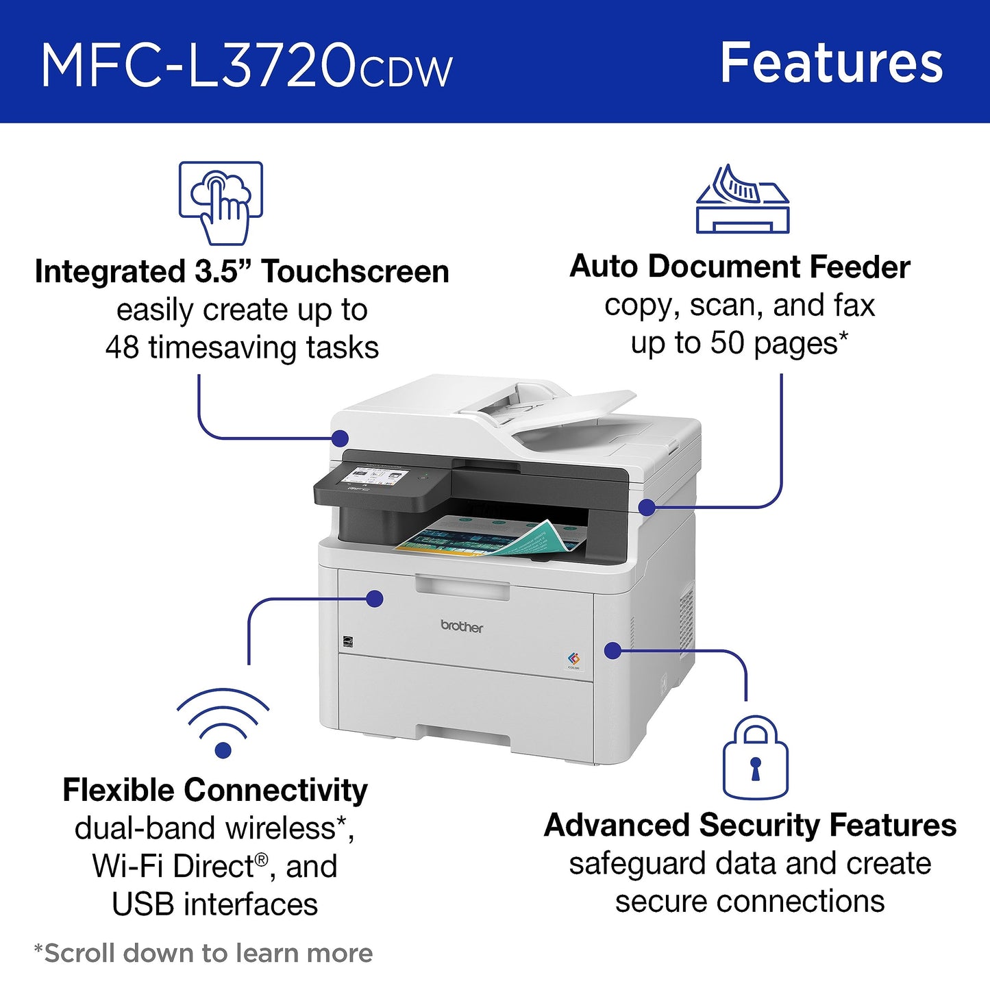 Brother MFC-L3720CDW Wireless Color Laser Printer with Scanner, Copier and Fax | Auto Duplex and 250-Sheet Capacity | Includes Refresh Subscription
