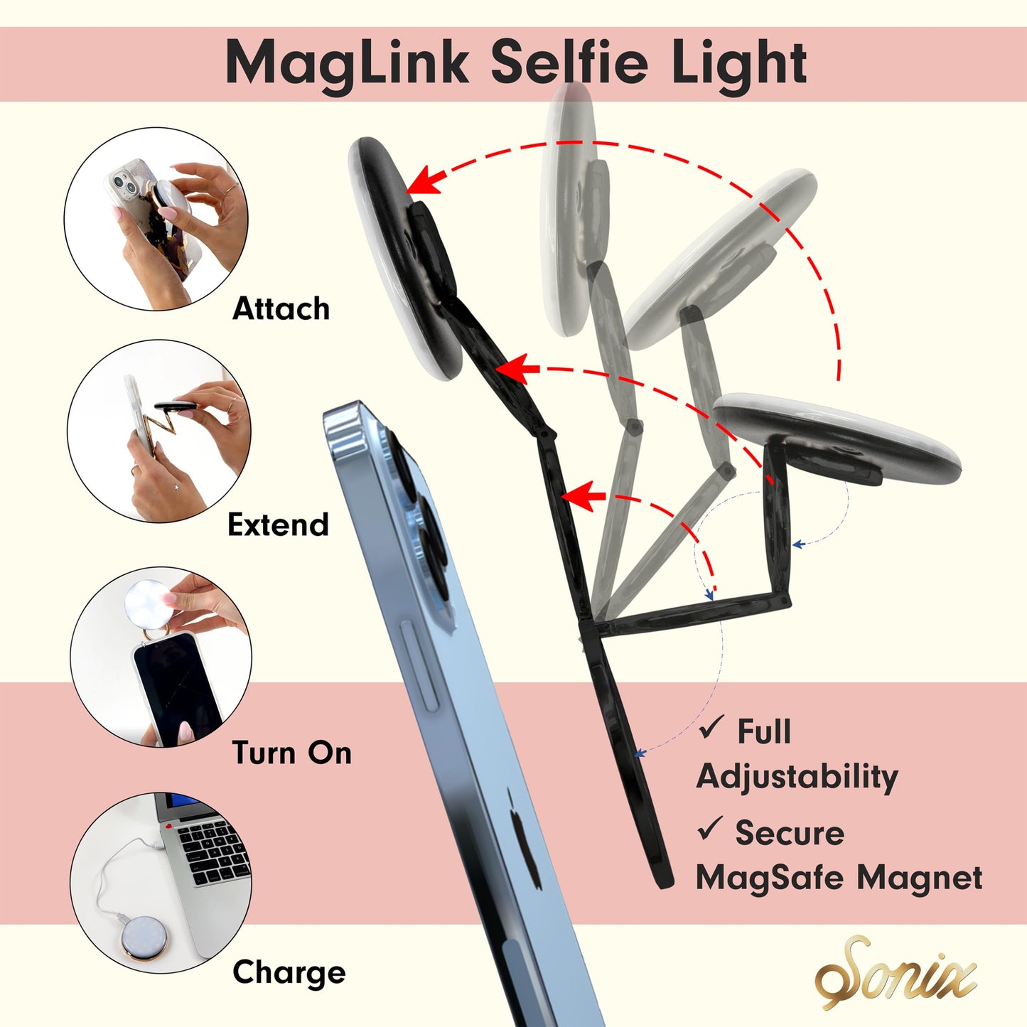 Sonix MagLink Selfie Light and Phone Ring Grip for MagSafe iPhone 17, 16, 15, 14, 13, 12 Series, Magnetic Fully Adjustable Round Ring Light