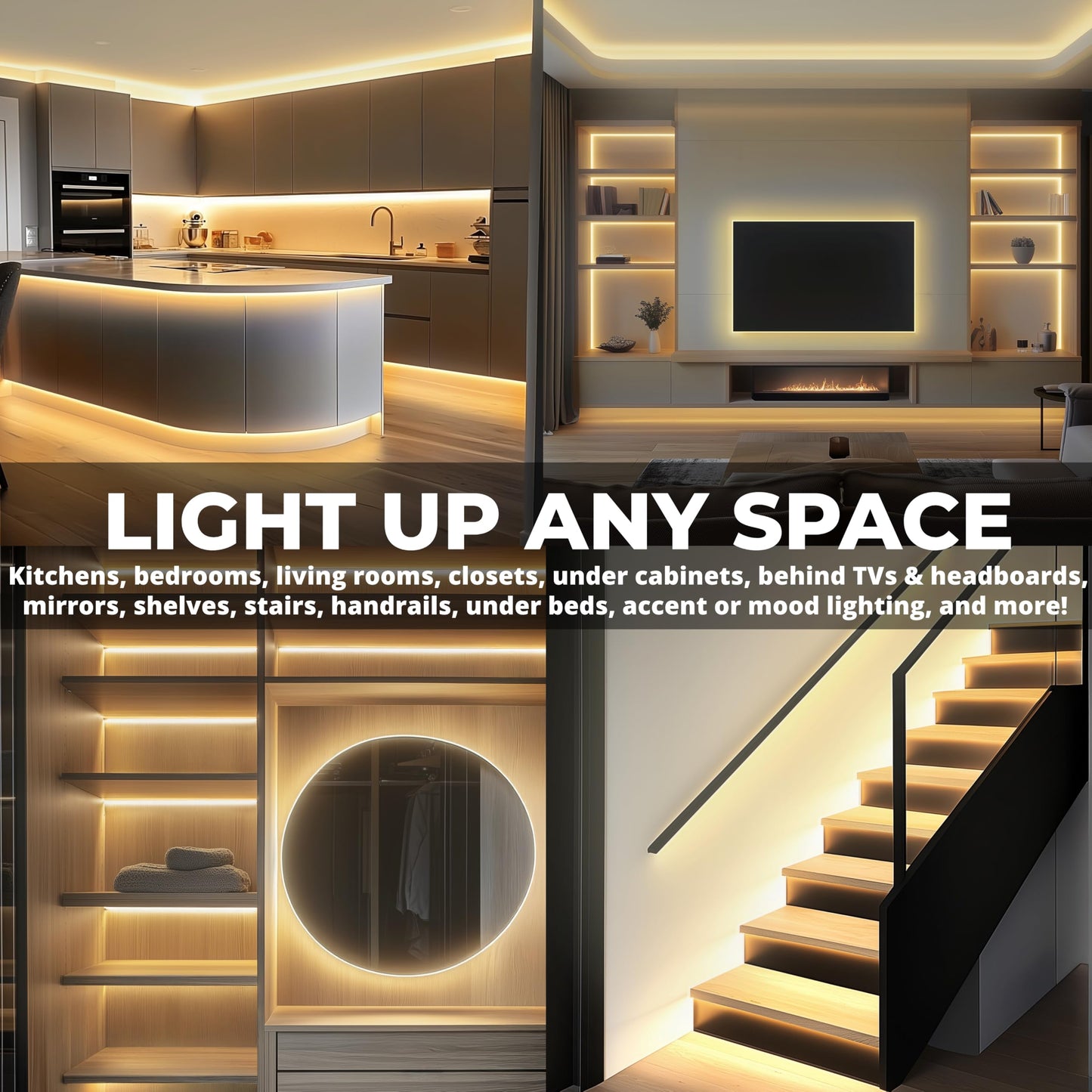 GLOWTRACE COB LED Strip Light Kit - 16.4ft Warm White (3000K), Dimmable with RF Remote, Peel & Stick DIY, Under Cabinet Lighting, LED Lights