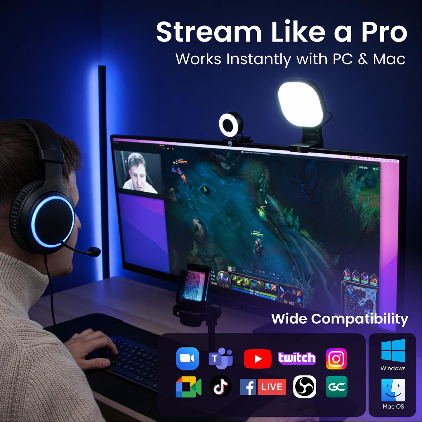Webcam Streaming Kit with USB RGB Microphone & LED Light - 1080P 30FPS Streaming Camera Bundle for Twitch, YouTube, Podcasting, WFH - PC & Mac