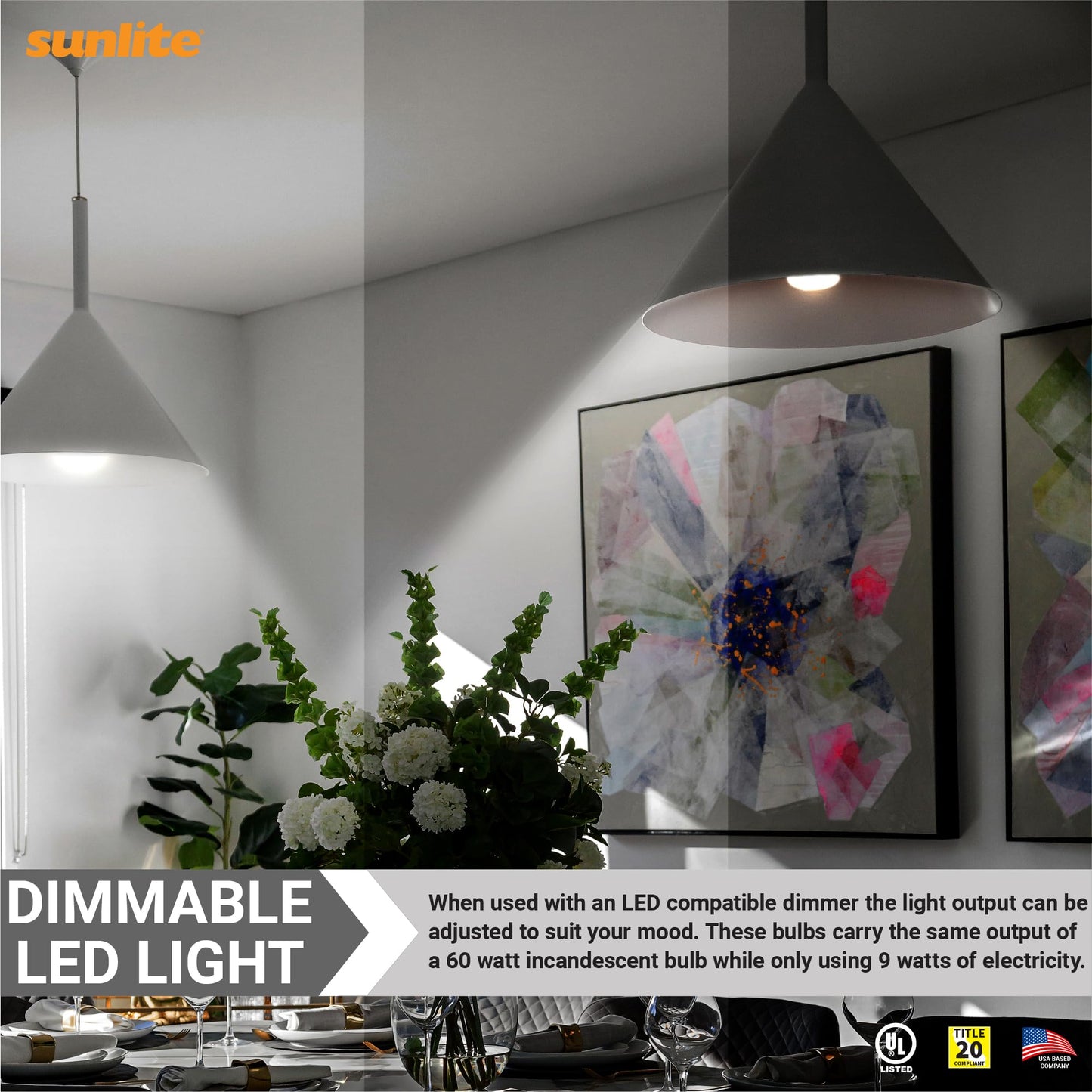 Sunlite LED A19 Light Bulb, 9 Watts (60W Equivalent), 800 Lumens, 120V, Dimmable, Medium E26 Base, 90 CRI, 230 Degree Beam Angle, UL Listed, Title-20