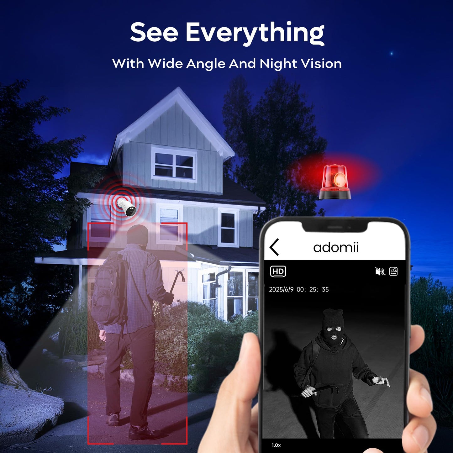 adomii 2K Security Cameras Wireless Outdoor, 33ft Night Vision, IP65 Weatherproof, 2-Way Audio Home Security WiFi Camera Motion Detector for Home