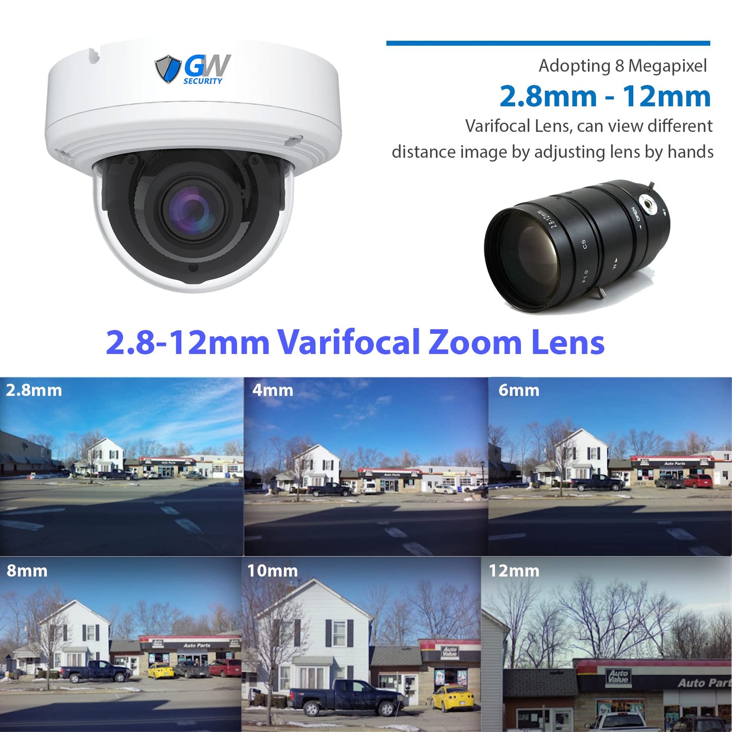 GW Security 8 Channel NVR 4K 8MP PoE 2.8-12mm Varifocal Zoom Security Camera System with 4 x 4K 8MP IP Microphone Waterproof Smart AI Dome Camera