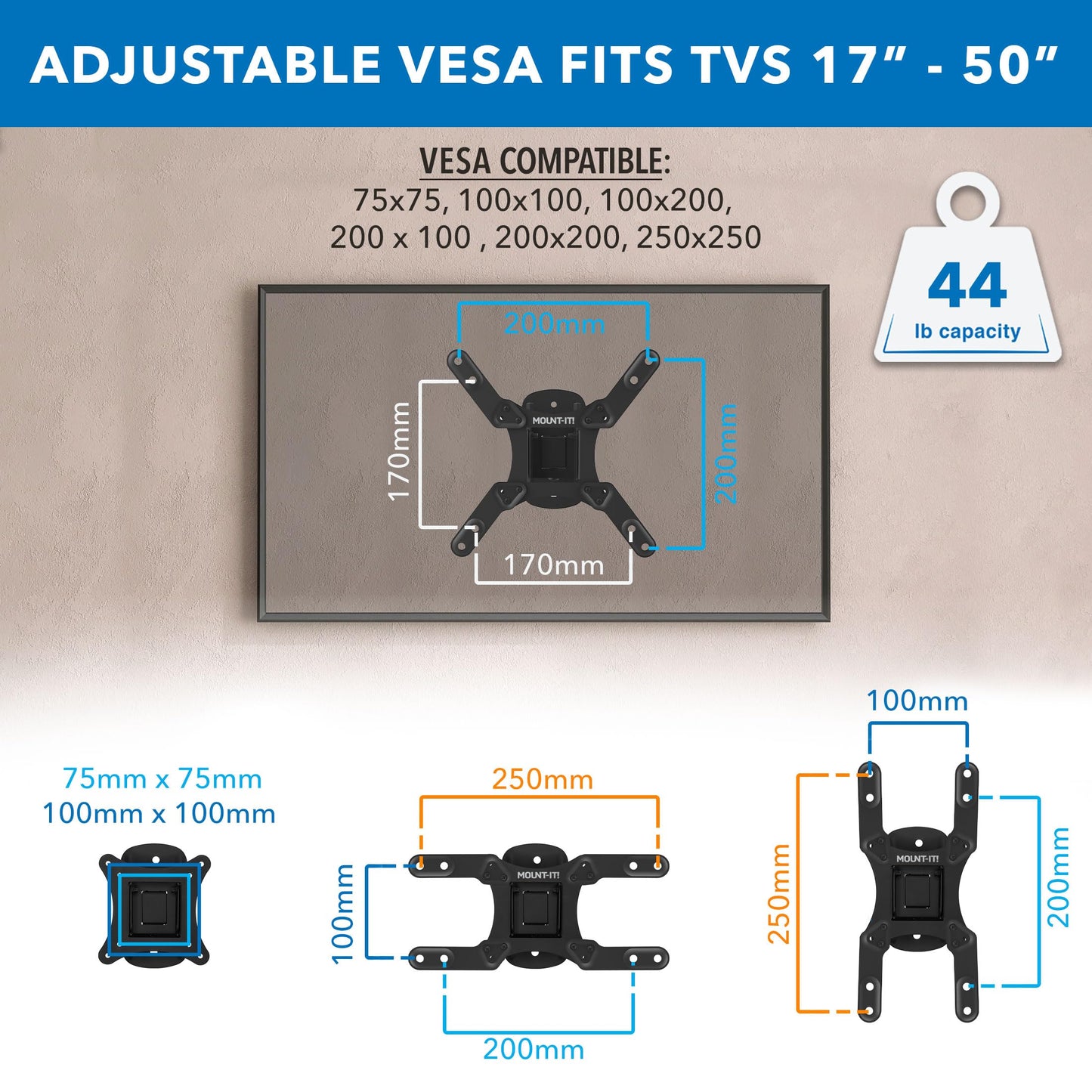 Mount-It! TV Wall Mount for Small to Mid Size TVs, Fits 32 to 50 Inch Screens, 75 100 200 mm VESA Compatible, Low-Profile Slim Design with Tilting