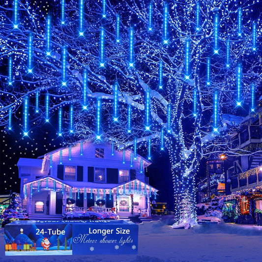 Aokudoni Outdoor Christmas Decorations: 24-Tube Meteor Shower Lights 576 LED Snow Falling Icicle Christmas Lights Outdoor for House Tree Yard Garden