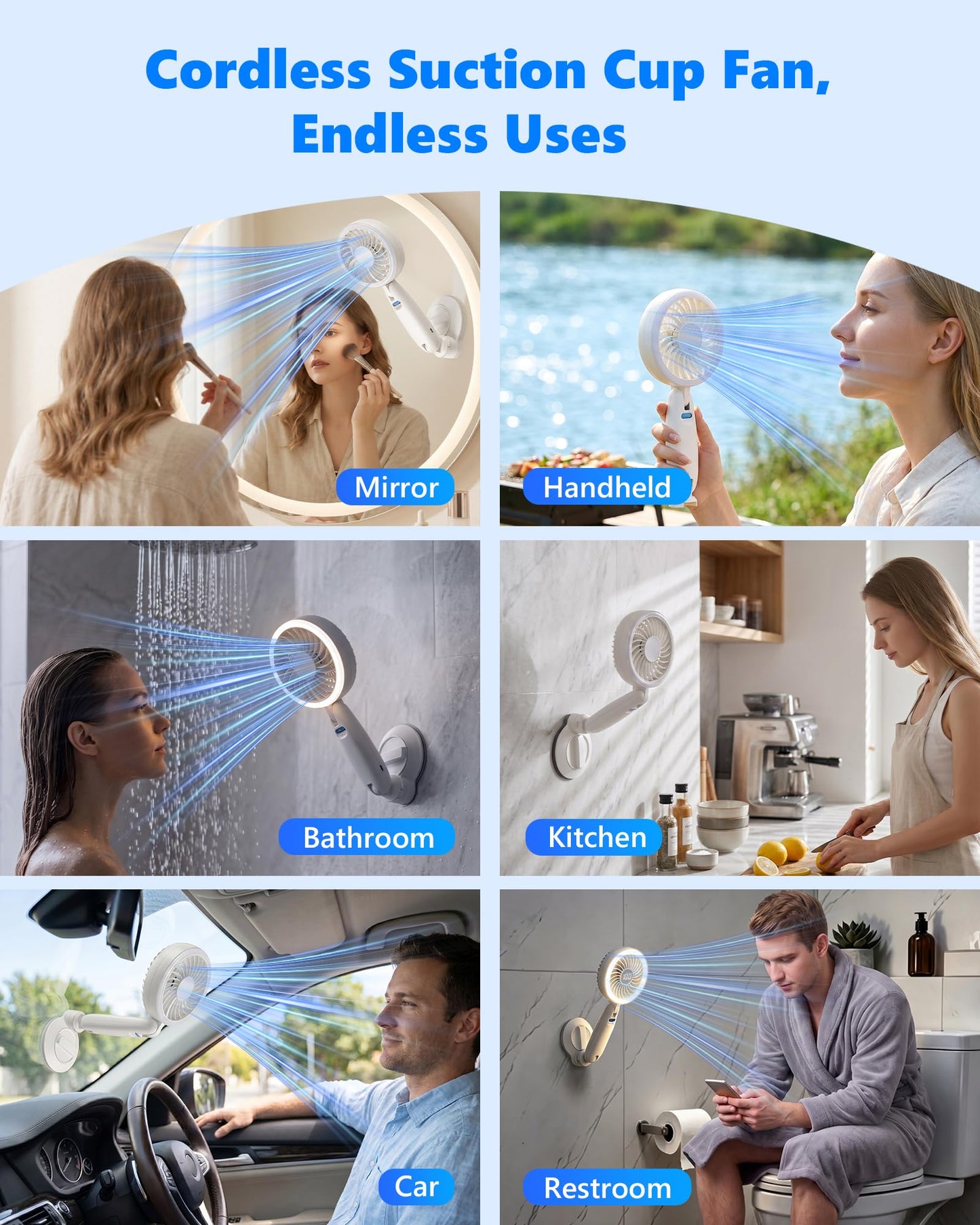 3-in-1 Suction Wall Mount Fan with Light & Display, Detach to Handheld Fan