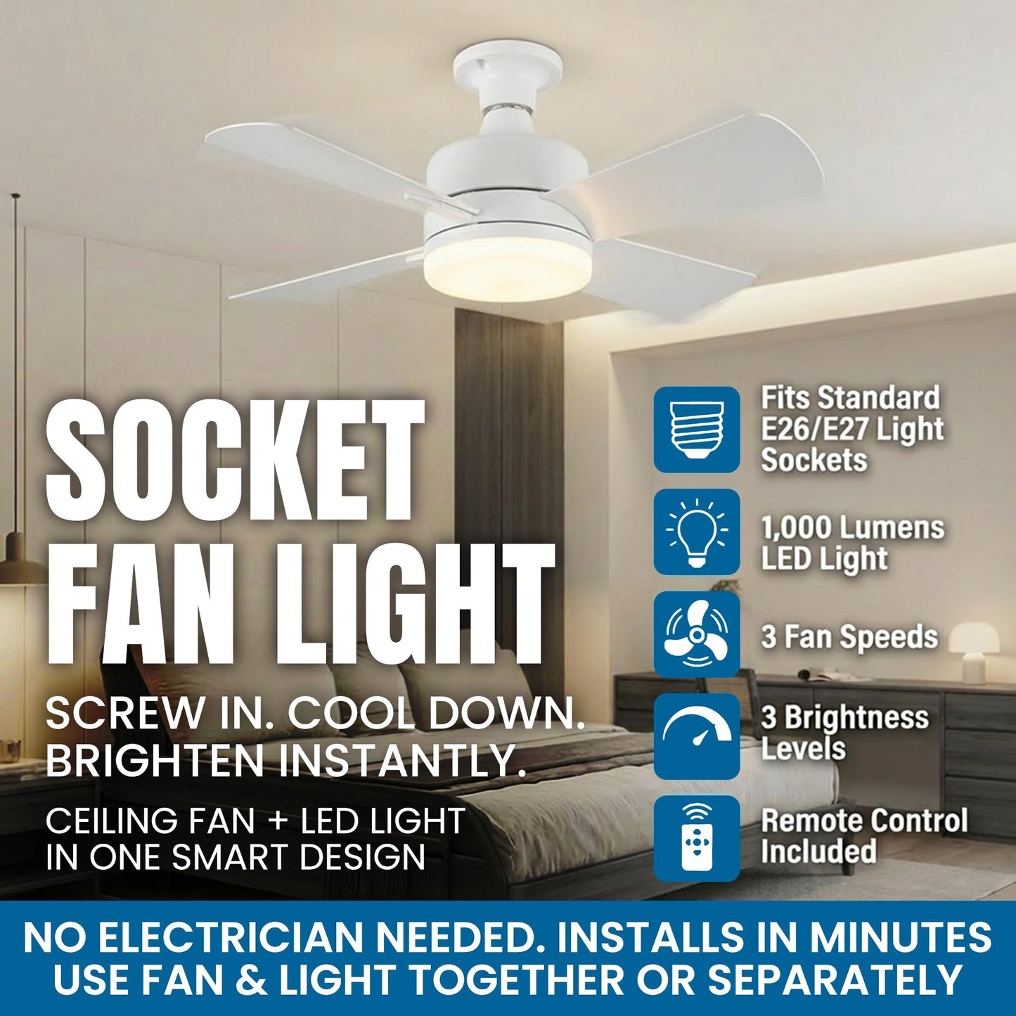 SOCKET BREEZE 15.4" Socket Fan Light Celing Fan with Remote Control