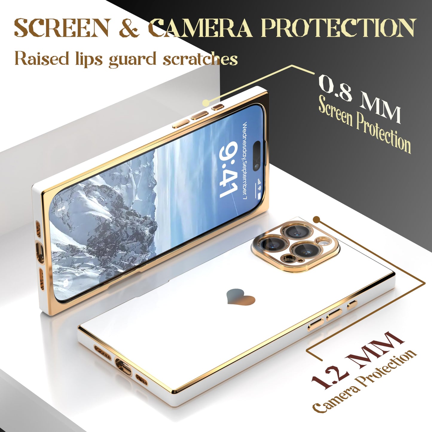 IAIYOXI Case for iPhone 13 Pro - Rectangle Design, Full Camera Protection, Cute Heart Pattern, Electroplated Reinforced Corners, Shockproof Edge