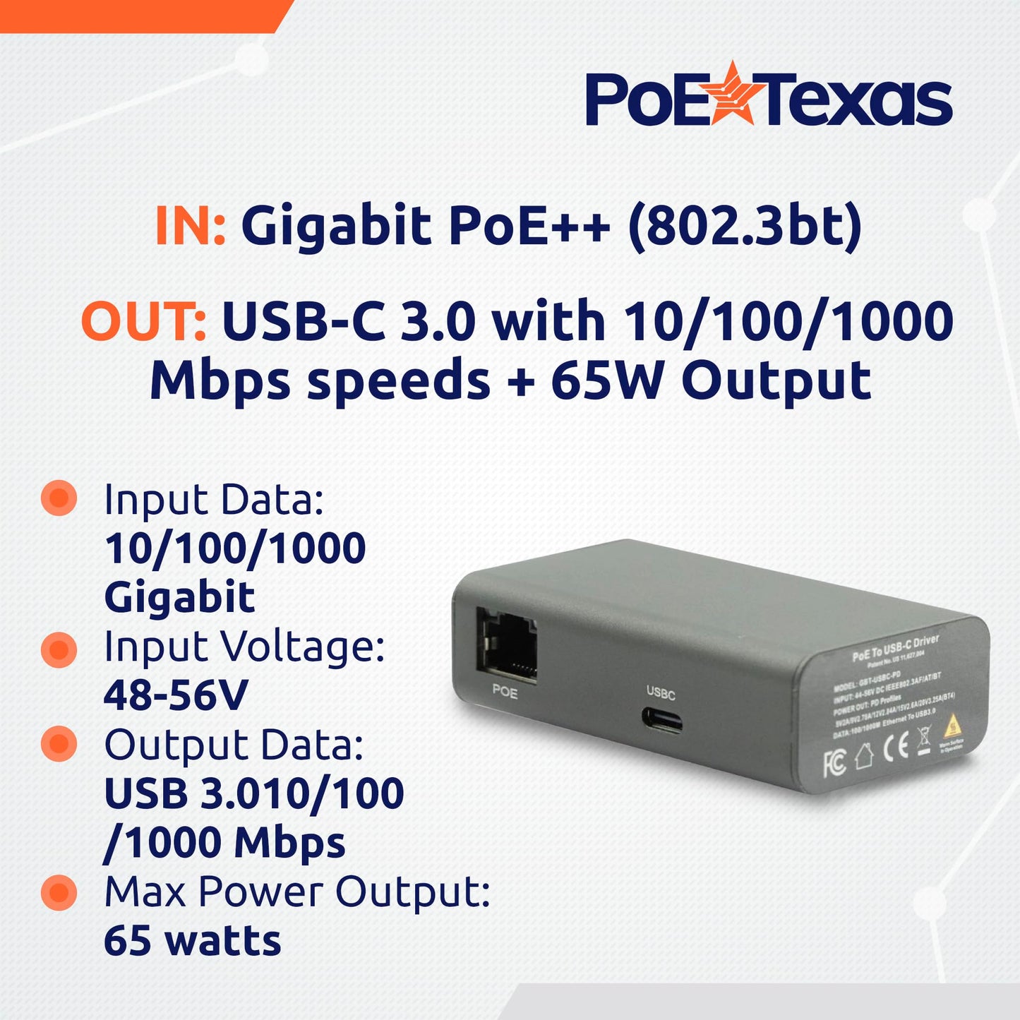Gigabit PoE++ to USB-C Converter with 65W Power Delivery