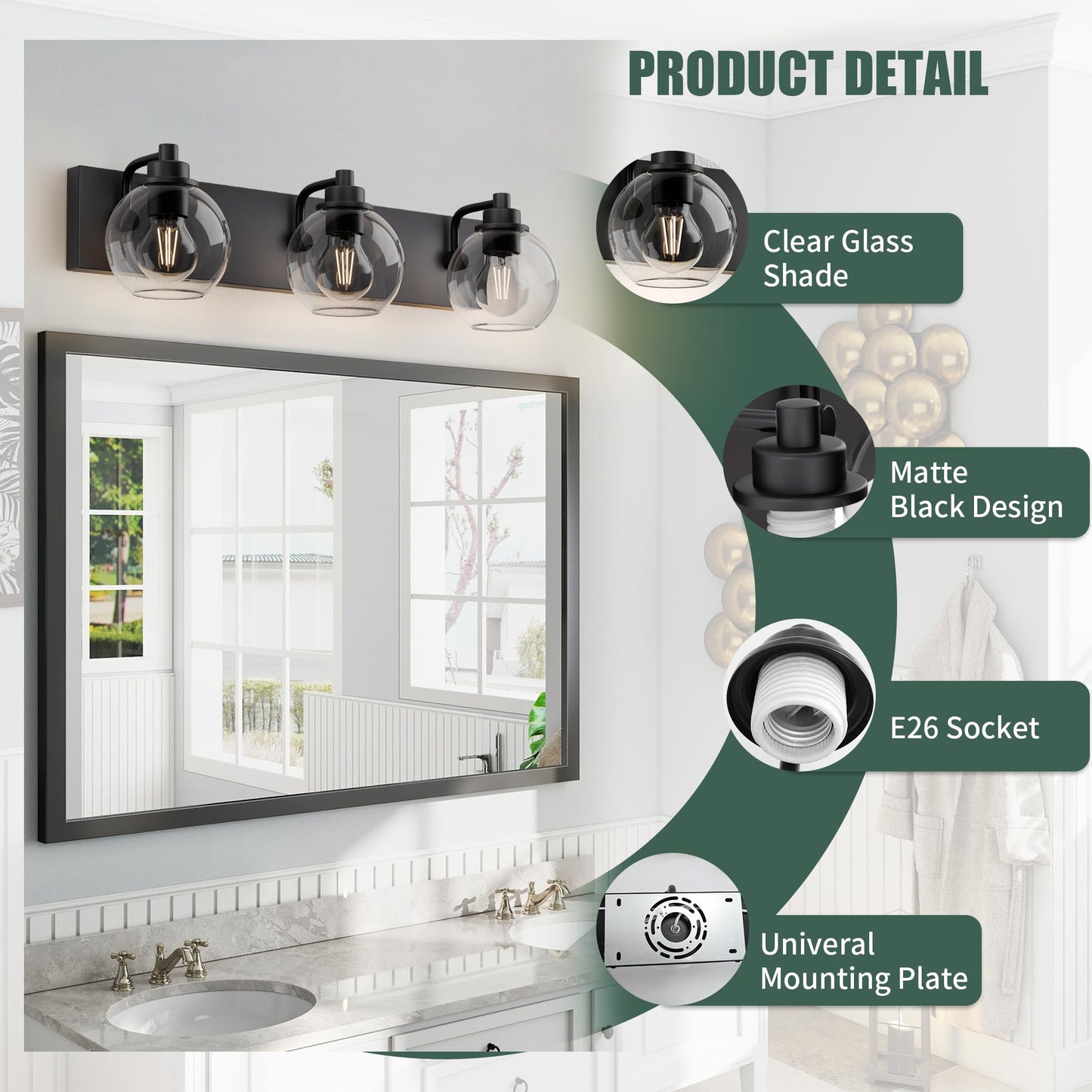 Espird Bathroom Light Fixtures-Matte Black Vanity Lights for Bathroom, Modern Black Vanity Lights 3-Light Bathrooms Lighting Fixtures Over Mirror
