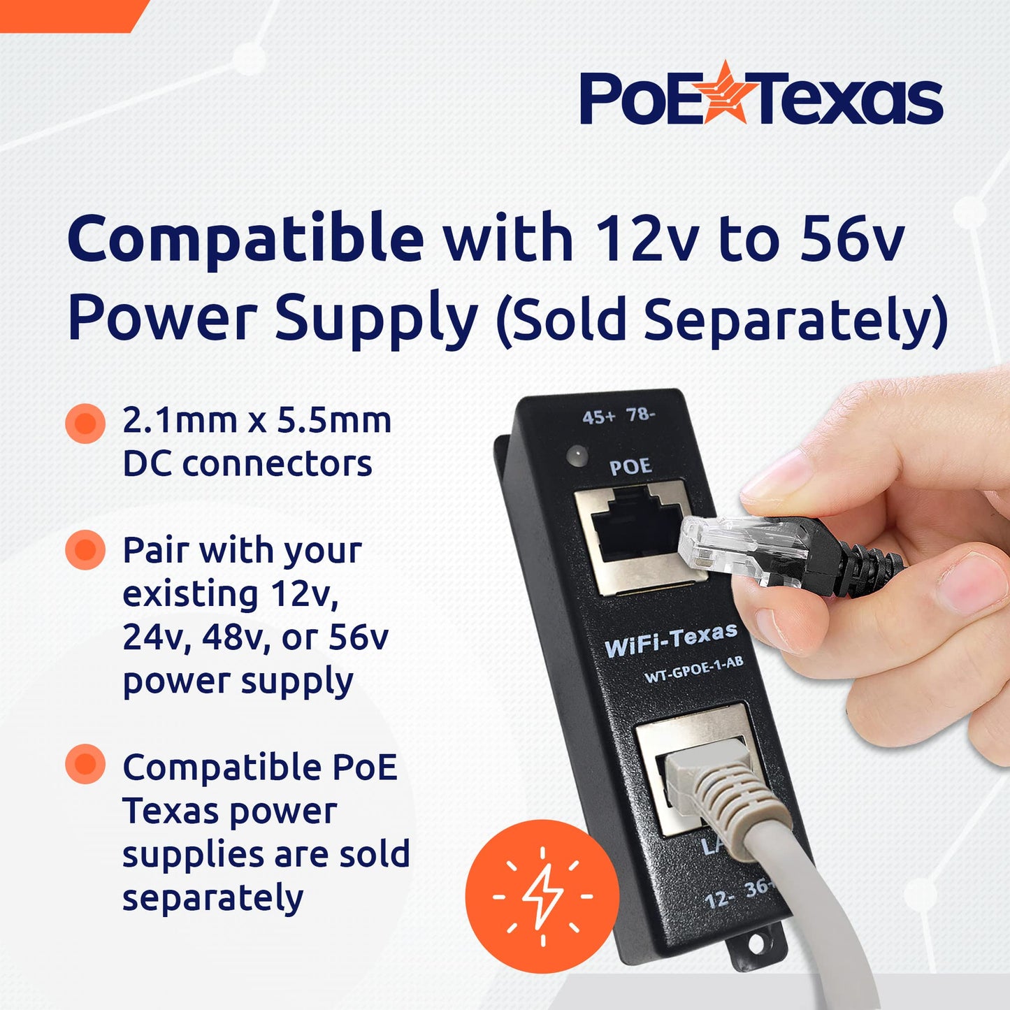 Poe Texas PoE Injector - Single Port 4 Pair PoE+ Injector/Splitter - Power Over Ethernet Passive PoE Adapter for 802.3af / PoE+ / PoE++ 10/100/1000