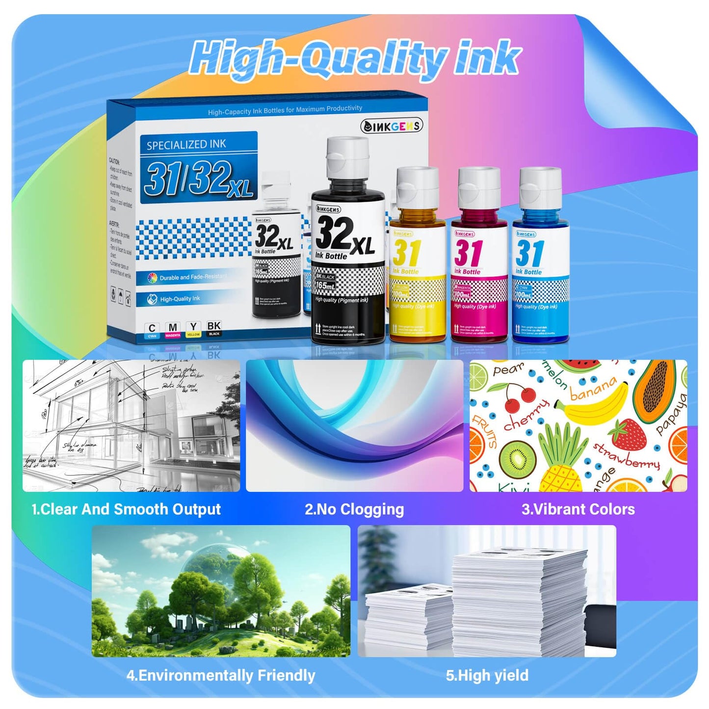 inkgens 31 32XL Ink Bottle Set Refill for HP Smart Tank 7600 7602 7300 7301 7001, 5000 5101 5102, 6000 6001 651 551 Printer. Black CMY