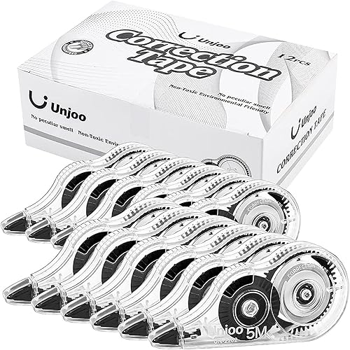 Unjoo White Correction Tape, Easy To Use Applicator for Instant Corrections Wrong Writing At Any Time, For school, Office (12pack, 5M/196" x 0.2"