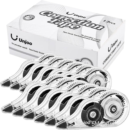 Unjoo White Correction Tape, Easy To Use Applicator for Instant Corrections Wrong Writing At Any Time, For school, Office (12pack, 5M/196" x 0.2"