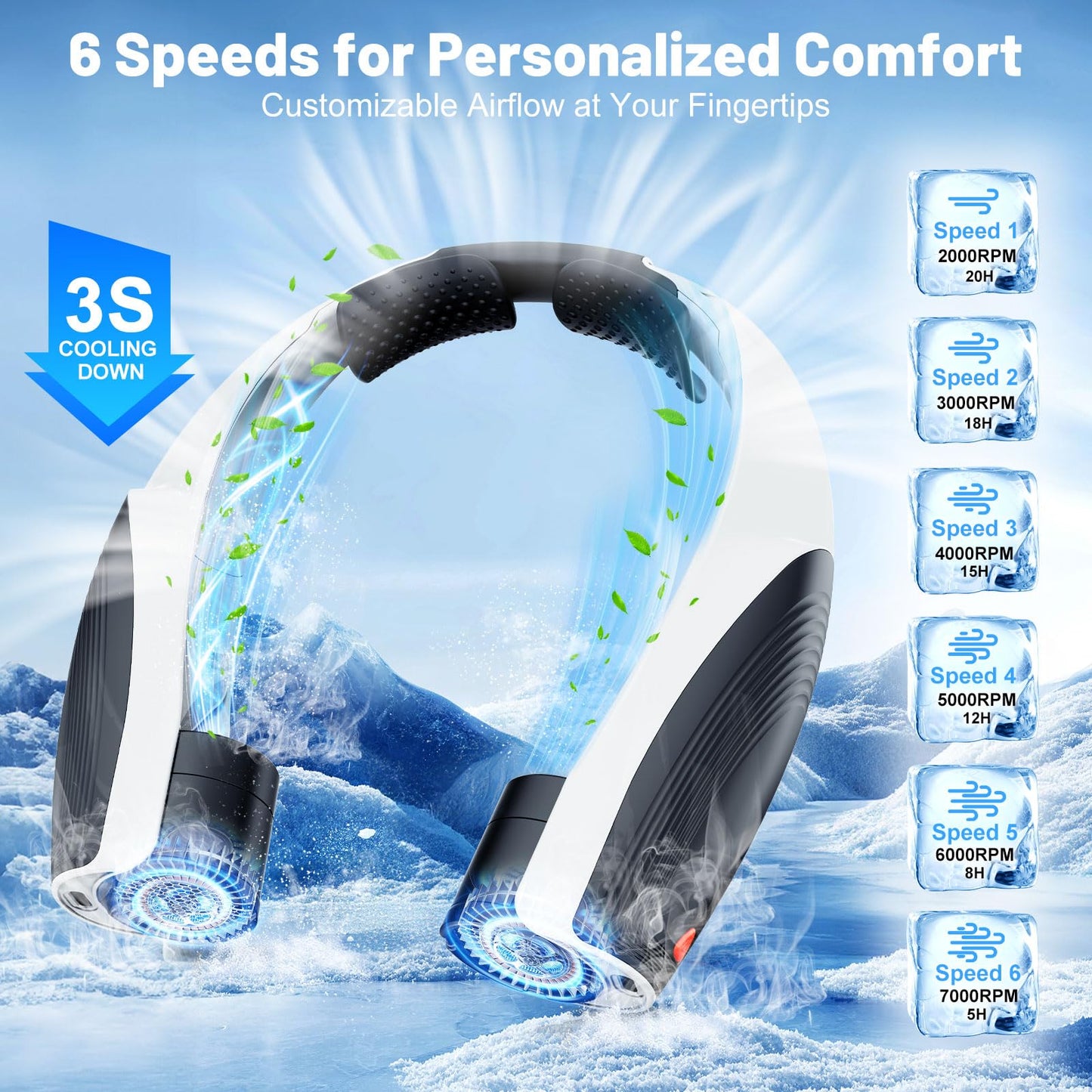 Portable Neck Fan with 6 Powerful Speeds, 8000mAh Battery Rechargeable Fan
