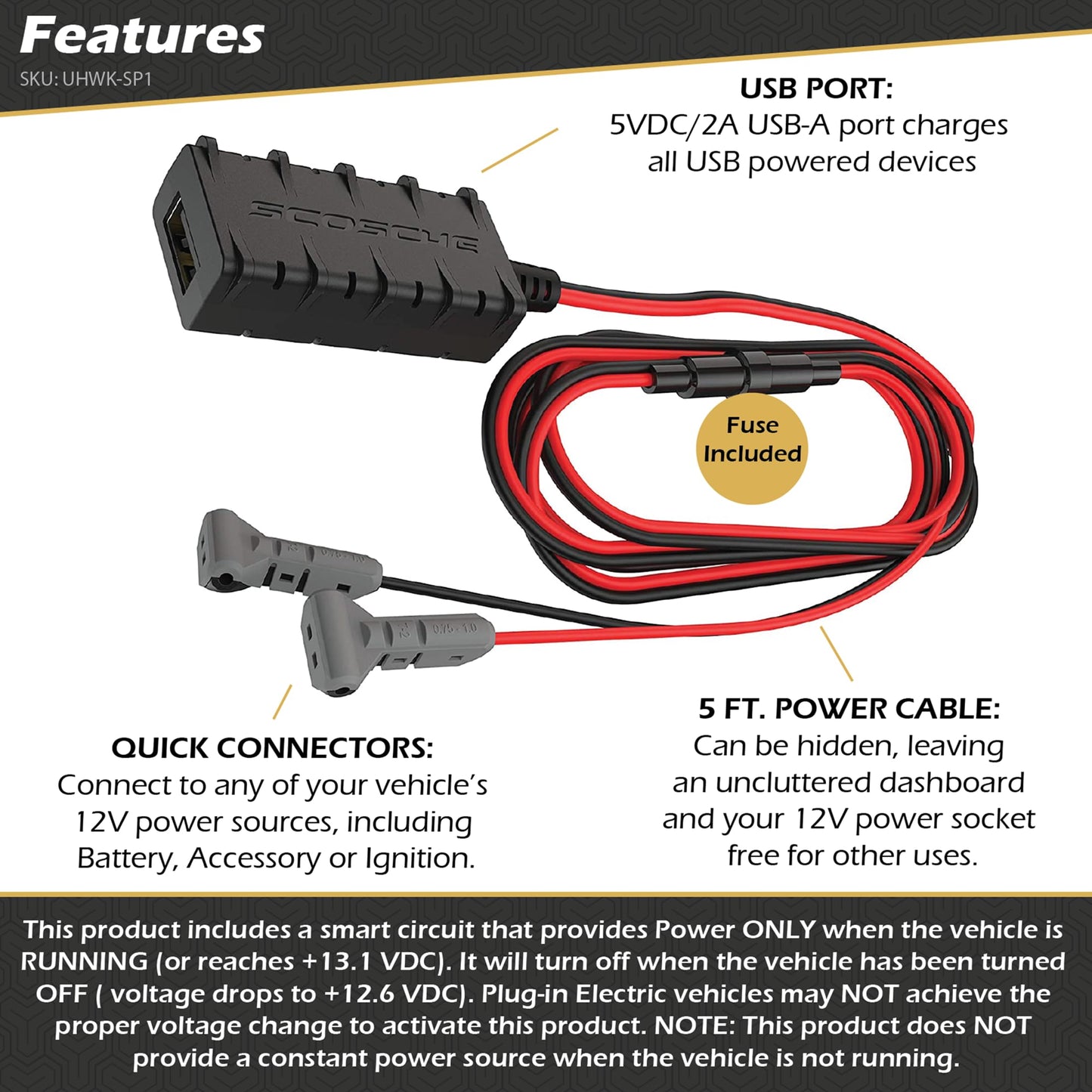 Scosche UHWK-SP1 12V Fused USB to 5V Dash Cam Hardwire Kit - 5FT USB-A Quick Connect Dashcam Stealth Installation for Car Camera Charger System