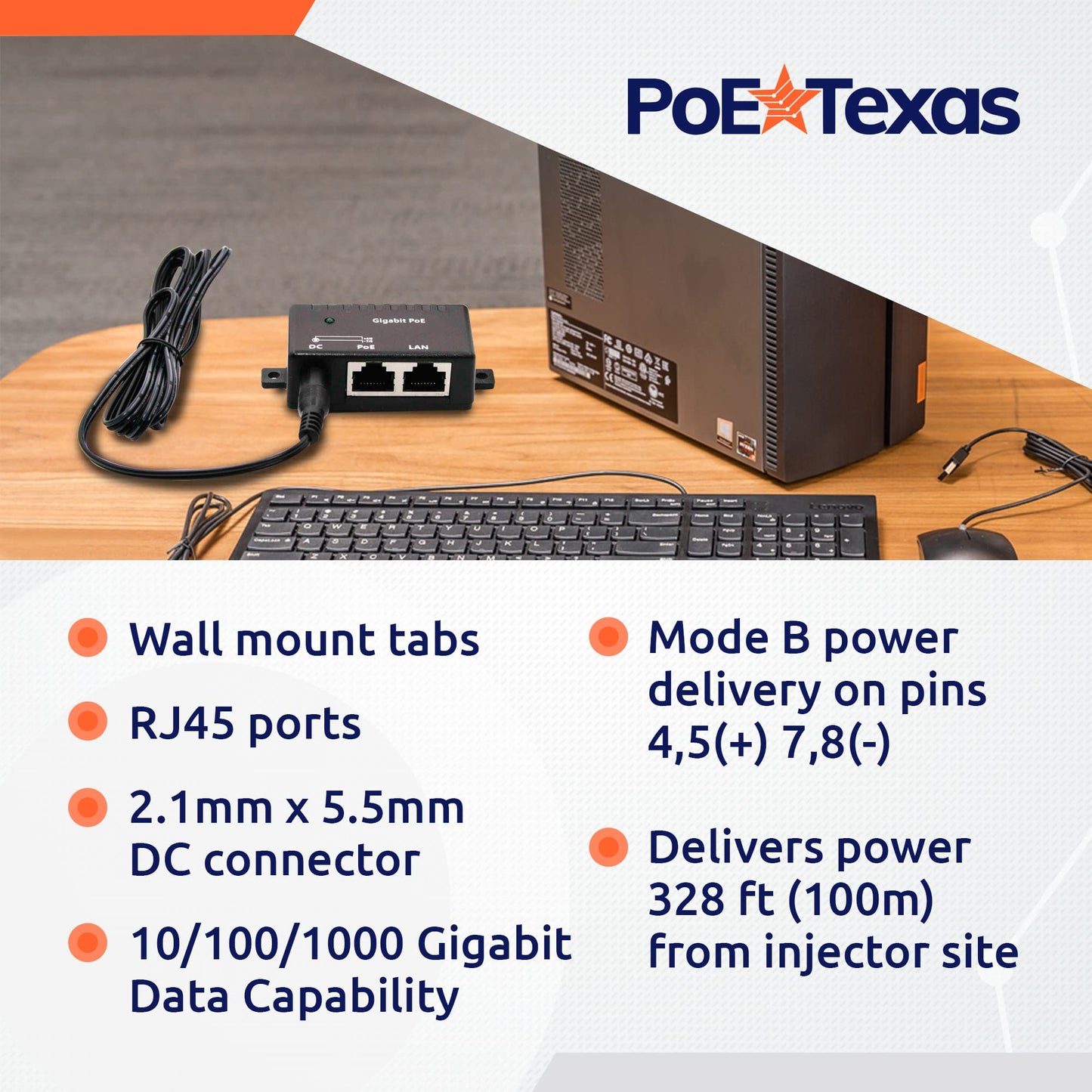 Poe Texas PoE Injector - Single Port Power Over Ethernet Passive PoE Adapter - 10/100/1000 Gigabit Data - Includes 48V 15W Power Supply - Wall