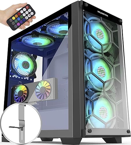 MUSETEX 5×140mm & 1×120mm ARGB Fans Voice Remote Control Mid-Tower Case with 2 PCS x USB 3.0 Ports Tempered Glass Panels PC Gaming Case Computer