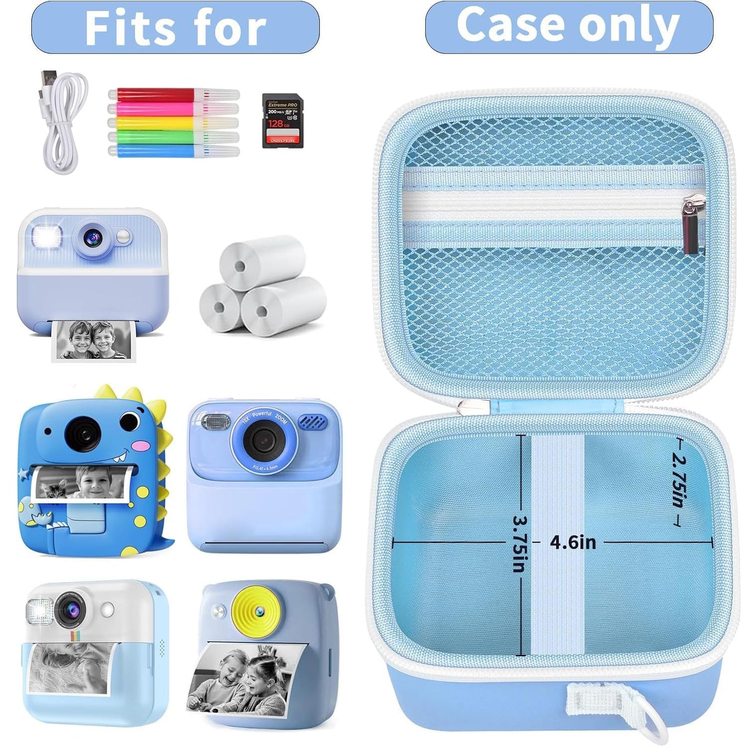 Boobowl Kids Instant Print Camera Case for Cimizi, for Masterbee, for Dylanto, for BOFIDAR, Portable Storage Bag with Shoulder Strap, Mesh Pocket