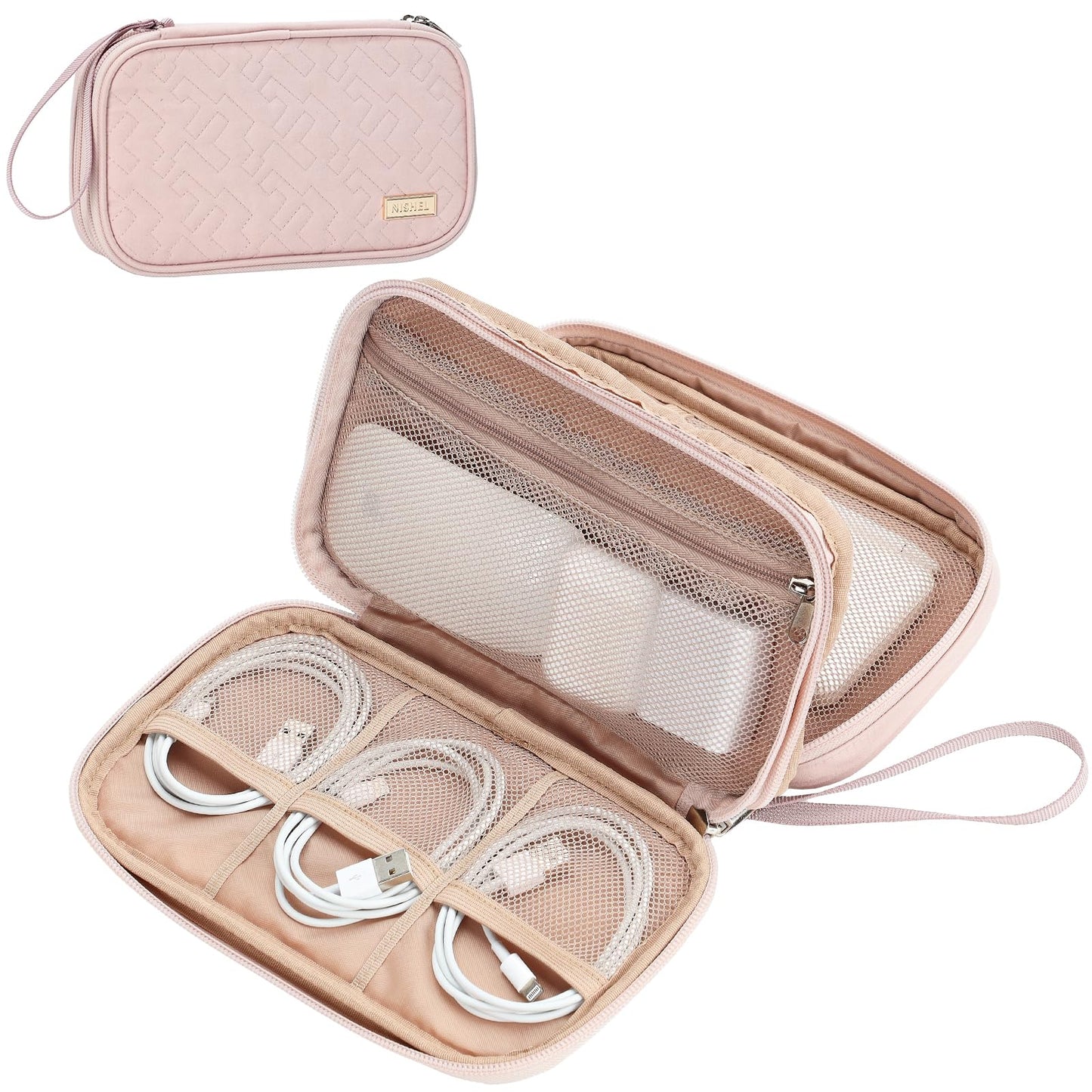 NISHEL Travel Cord Organizer Case, Double Layers Tech Electronic Bag, Essentials for Charger, Cable, Phone, Flash drive, Medium, Pink