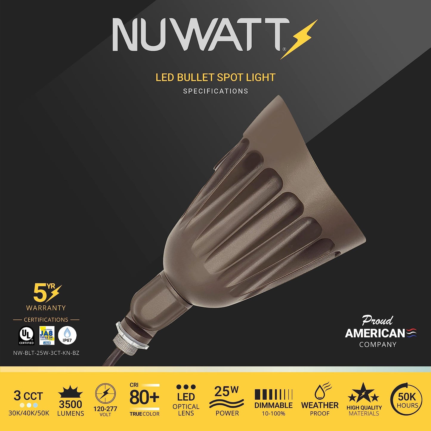 NuWatt 25W Bronze Bullet Spot Light Outdoor LED Landscape Floodlights, 3500 Lumens Bright Outdoor Light for Yard, 3000K/4000K/5000K Selectable, 1/2"