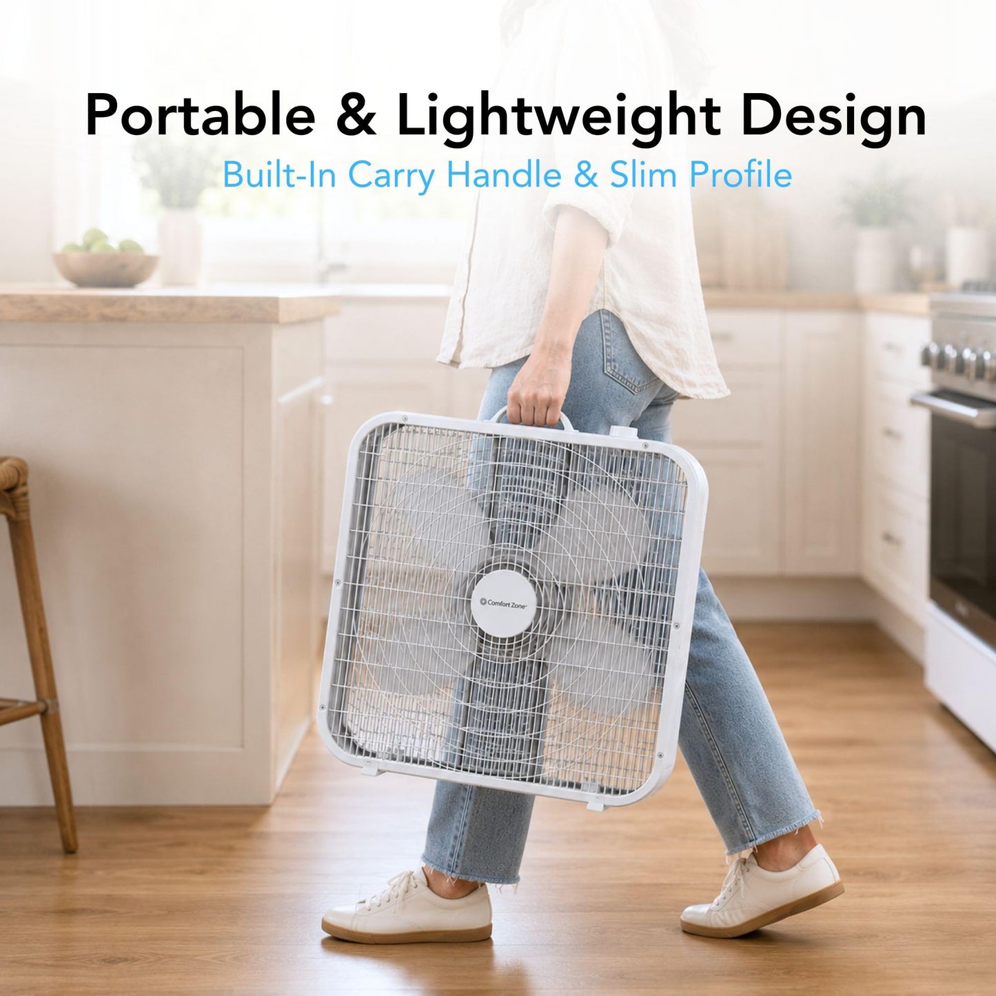 Comfort Zone Box Fan with Carry Handle, 20 inch, 3 Speed Full-Force Air Circulation Window Fan, Bedroom Floor Fan with 5 Blades, White Noise Cooling