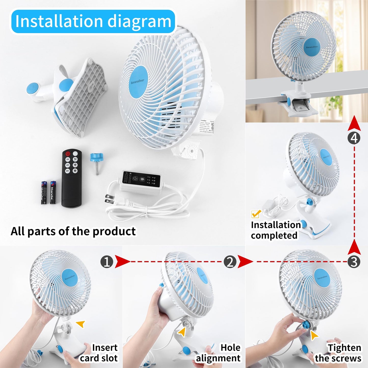 BananaDeer Oscillating Clip on Fan 9-Inch With Remote control, Portable Desk Fan Adjustable Tilt, w/Sturdy Clamp,3 Speed, 3 Timer, Shaking Fan