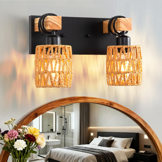 2-Light Boho Bathroom Vanity Light Fixture, Handwoven Rattan Wall Sconce with Solid Wood Arm, Farmhouse Wicker Bathroom Lighting Over Mirror, E26 Wall
