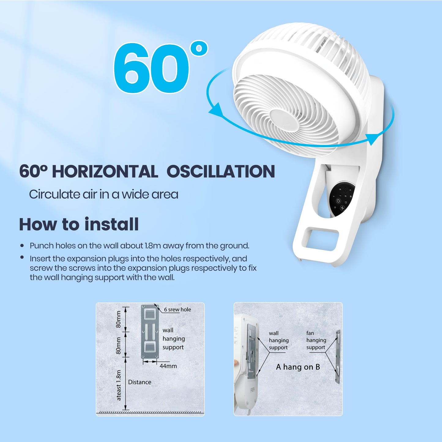 Simple Deluxe 7 inch Wall Mount Fan, 3 Speeds & 3 Modes, 15 Hours Timer, 60° Oscillating Circulating Fan, with Remote Control, Air Circulation Fan