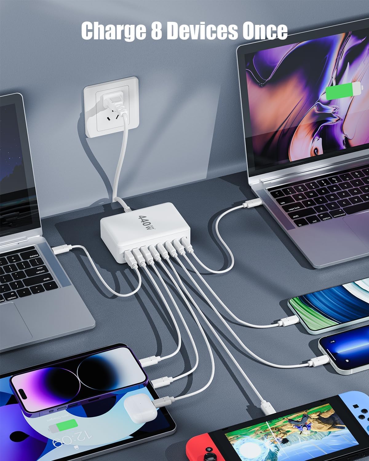 USB C Charger 440W USB C Charger Block,Upgraded GaN IV 8-Port Charging Station Hub,Travel Essentials 100W Fast Charging Laptop Adapter for MacBook