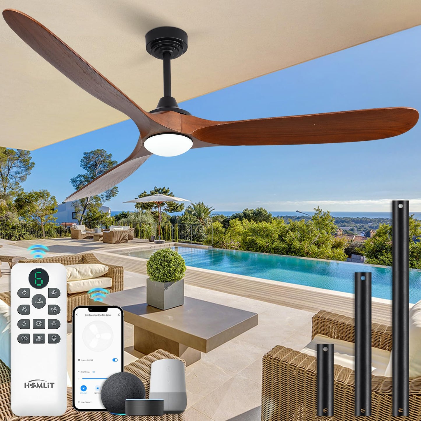 Homlit Ceiling Fan with Lights, 72'' Solid Wood Indoor/Outdoor Ceiling Fan with Quiet Reversible DC Motor, Compatible with Alexa/Google/App, 3CCT