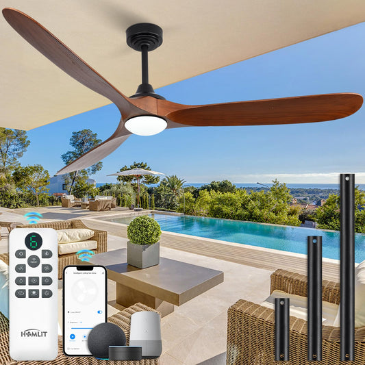 Homlit Ceiling Fan with Lights, 72'' Solid Wood Indoor/Outdoor Ceiling Fan with Quiet Reversible DC Motor, Compatible with Alexa/Google/App, 3CCT