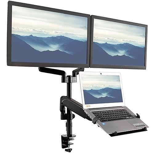 VIVO Laptop and Dual 17 to 32 inch Monitor Pneumatic Arm Mount, Fits 2 Flat or Curved Computer Screens and 10 to 15.6 Inch Notebooks, Laptop Tray