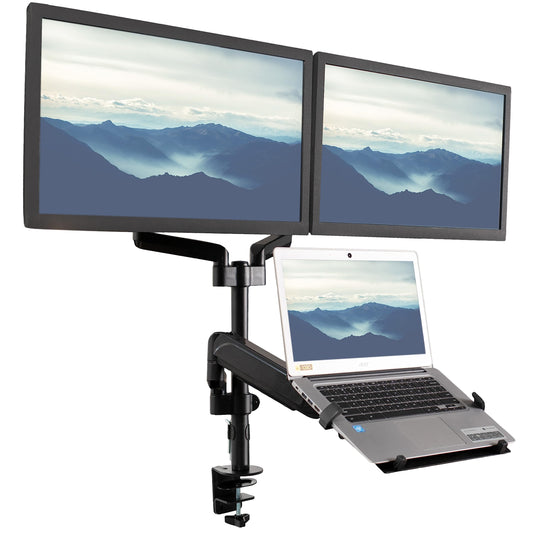 VIVO Laptop and Dual 17 to 32 inch Monitor Pneumatic Arm Mount, Fits 2 Flat or Curved Computer Screens and 10 to 15.6 Inch Notebooks, Laptop Tray