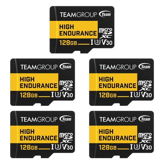 TEAMGROUP HIGH Endurance 128GB 5 Pack Micro SDXC UHS-I U3 V30 100MB/s Designed for Monitoring Stable Durable Long Lasting Flash Memory Card Security