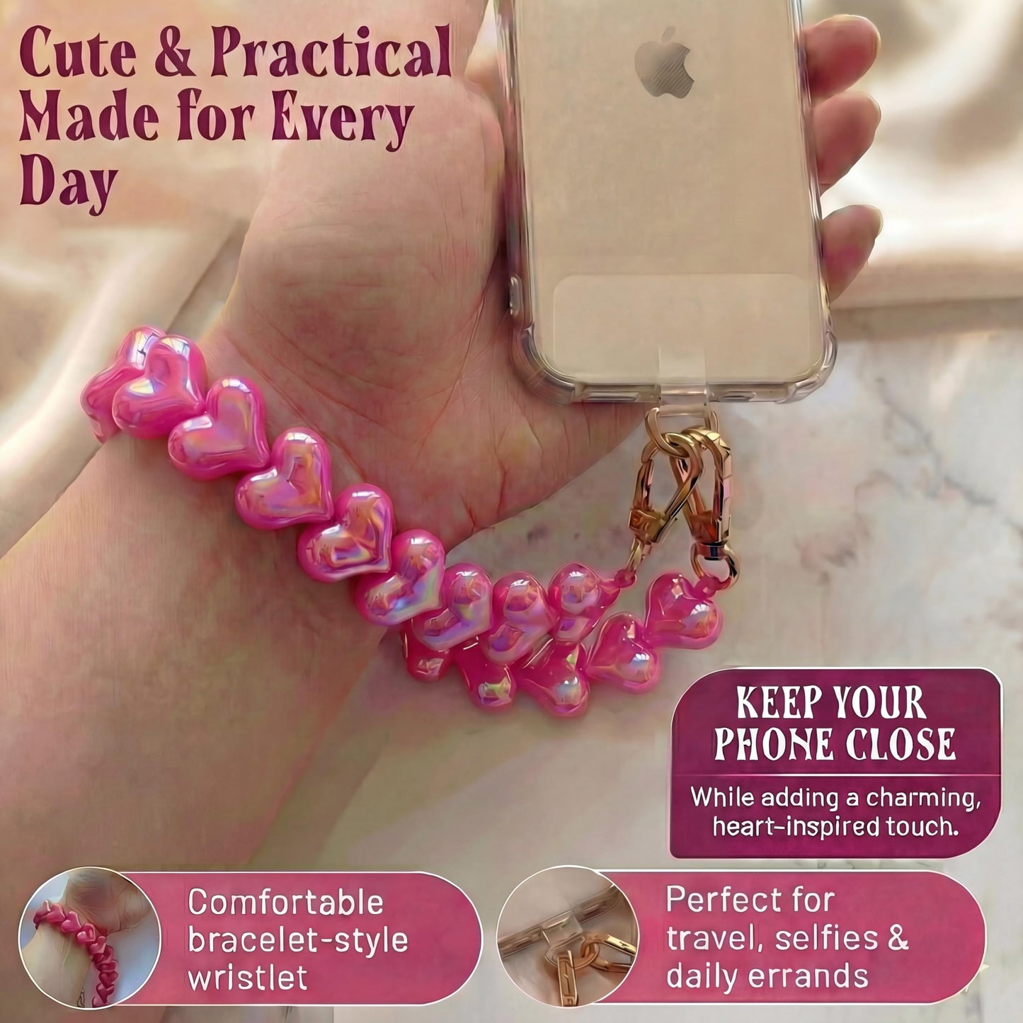 Lokaya Heart Beaded Phone Wristlet | Phone Wrist Strap With Tether Tab | Cute Accessory for Phone, AirPods, Bag, Keys, Cameras - Hot Pink