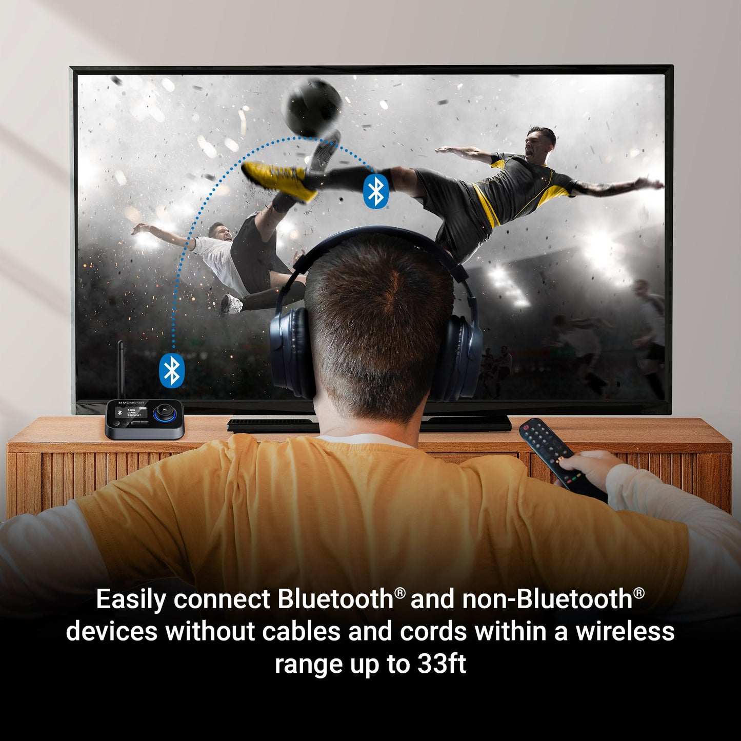 Monster Bluetooth Transmitter & Receiver, 2-in-1 Bluetooth Audio Adapter, Stream to/from NonBluetooth Devices, Stream TV to 2 Headphones, 33 ft Range