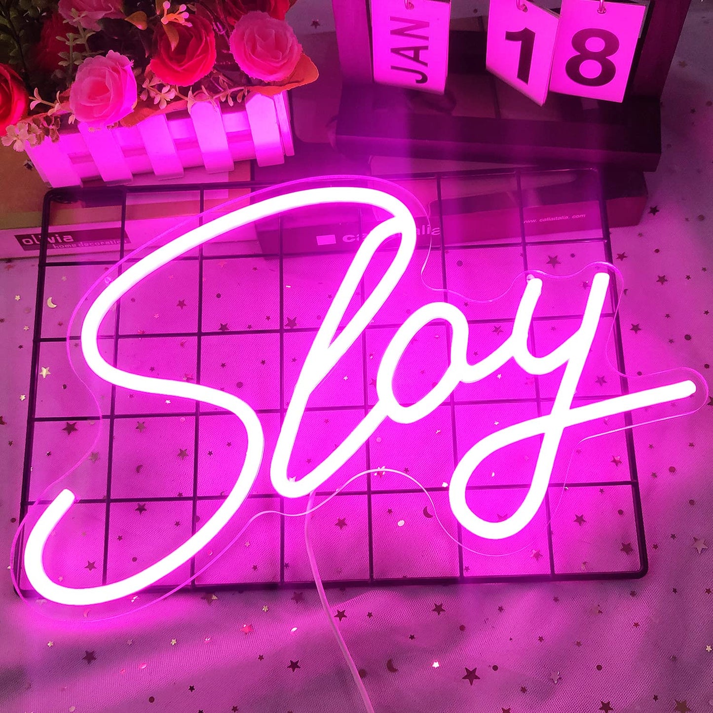 Preppy Lights Slay Dimmable Pink Neon Led Light Sign for Wall Decor 15.7''*9.4'', Bedroom, Living Room, Salon, Party Decor