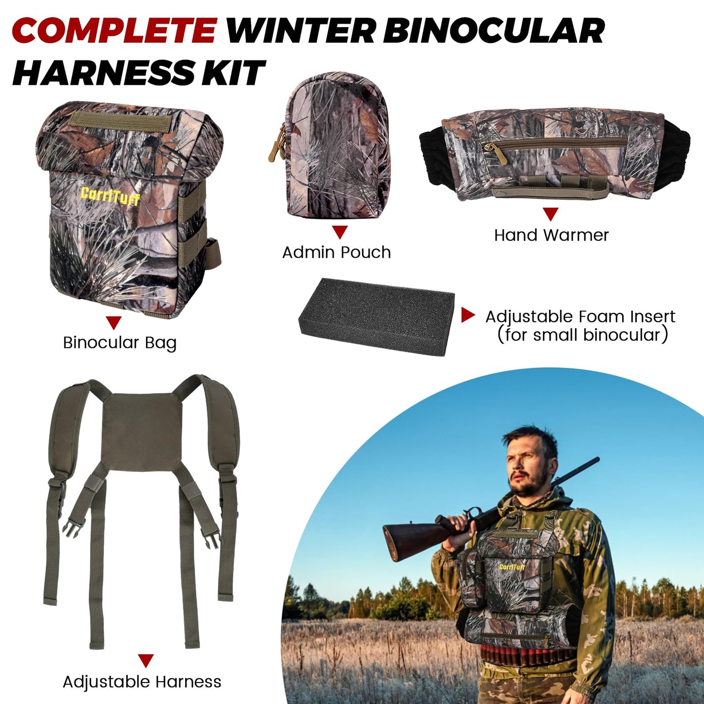 CarriTurf Waterproof Binoculars Harness with Rangefinder Pouch - Silent Material, Magnetic Closure, Hand Warmer Pockets for Hunting, Hiking & Giftable