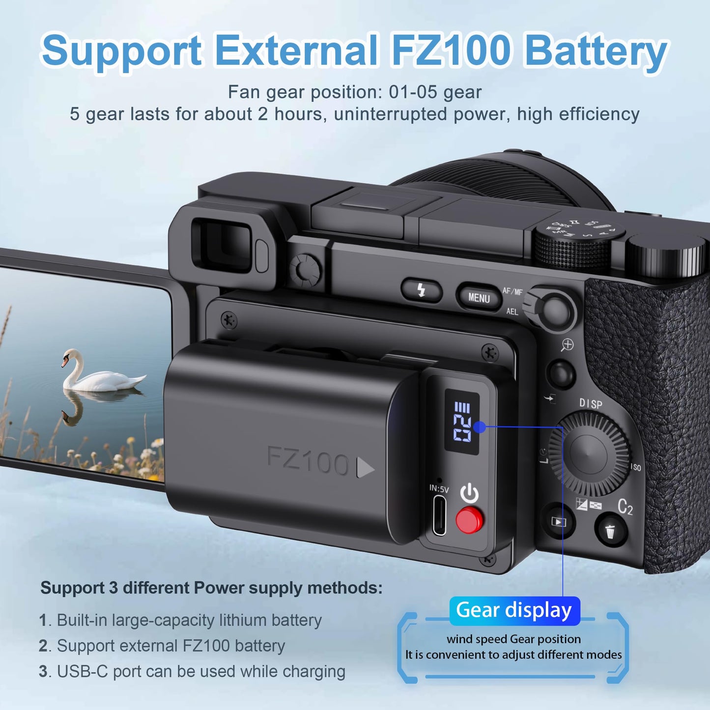 KOCACKOO Camera Cooling Fan/ 5-Speed Adjustable External Cooling System,With Spring Mount,Built-in Battery & Expandable NP-FZ100 Battery Port,Digital