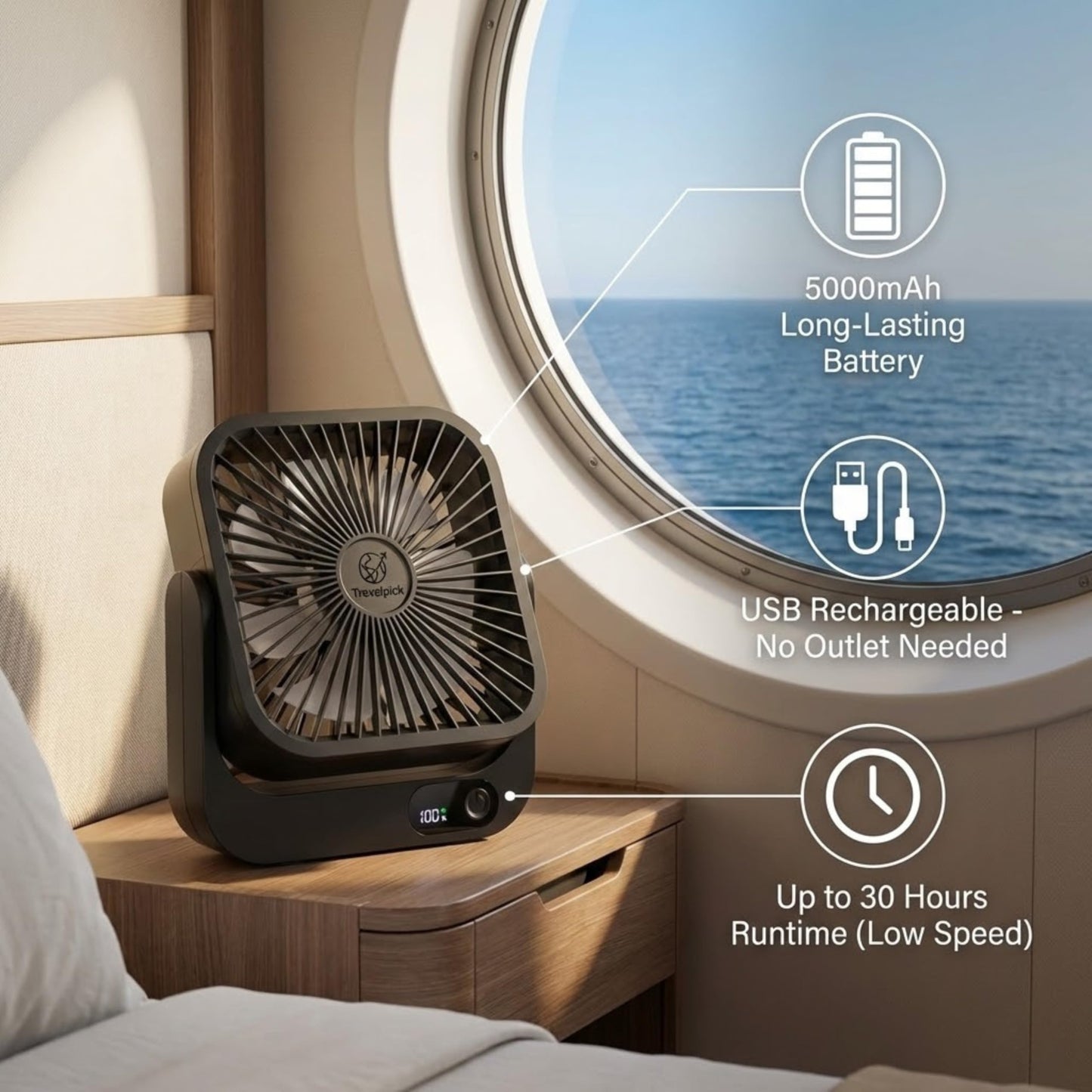 Travelpick Magnetic Fan for Cruise Ship Cabin Approved - 5000mAh 30-Hour Battery, 5-Speed Quiet Portable Cruise Fan, Cruise Essentials 2026, Cruise