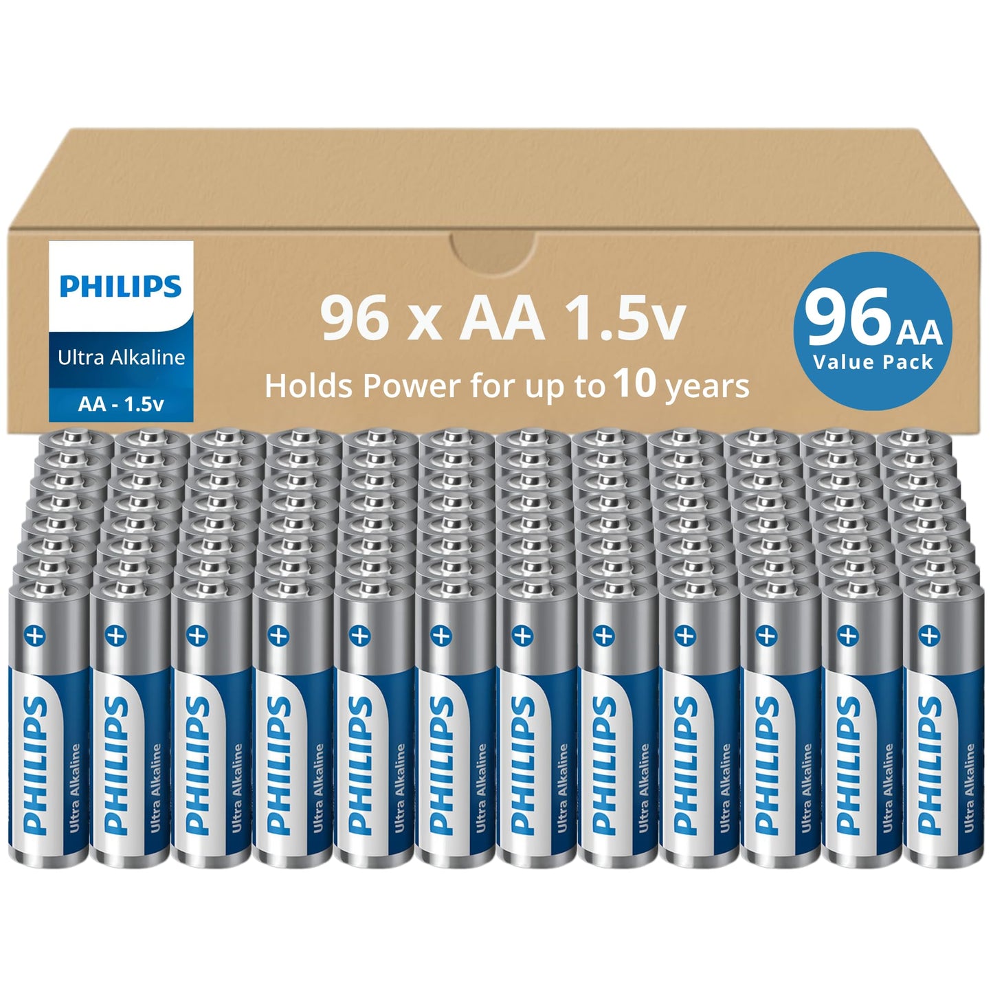 PHILIPS AA Batteries 96 Pack | 1.5v Ultra Alkaline Double A Battery | 132% More Power Then Industry Standard | Long-Lasting | 10-Year Shelf Life…