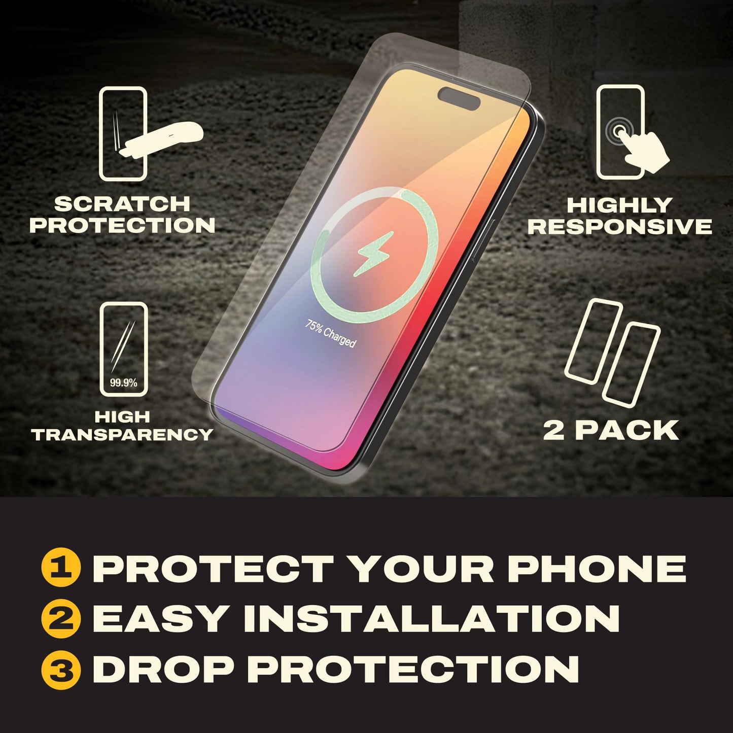 DEWALT Heavy Duty Glass Screen Protector Compatible with iPhone 17 Pro Max, 2 Pack Protective Tempered Glass Screen Shield, Oleophobic Case Friendly
